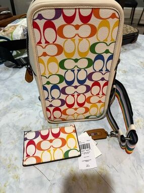 Coach Multicolor Signature Crossbody Bag with Rainbow Strap and Card Case